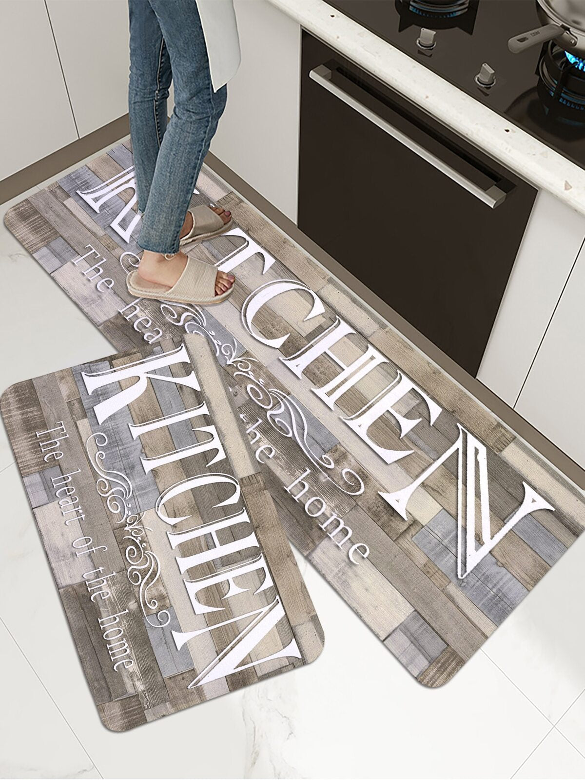 1/2 Pc Wood Grain Text Printed Kitchen Mat, Soft Plush Rectangular Non-Slip Floor Rug For Living Room, Dining Room, Kitchen